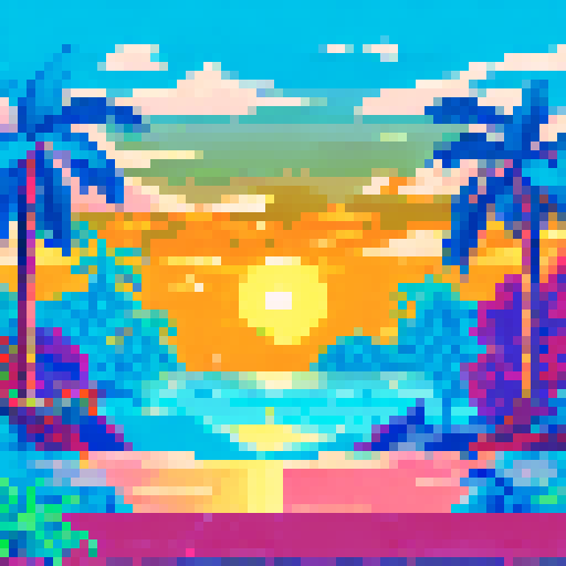 Shark lurking near a colorful beach party, with palm trees, beach umbrellas, and a vibrant sunset in pixel art style