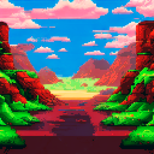 and pit filled with quicksand, platforms with crude giant slingshots, clear and bright weather, pixel art, sRGB, background, landscape