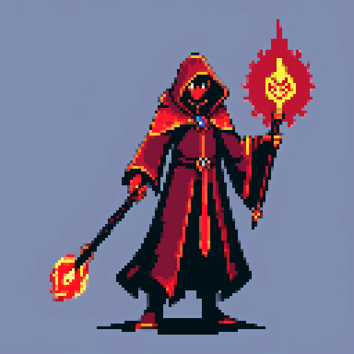 warlock, spellcasting, arcane symbols, glowing staff, swirling dark energy, fiery red eyes, billowing cloak, ancient book, mystical aura, magical runes, pixel art, sRGB