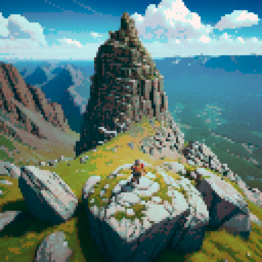 A rugged mountain battleground with a flat rocky surface in the foreground, slightly tilted upward to create depth. The bottom-left corner is clear and open for a player's perspective, while the middle-right showcases jagged cliffs, snowy peaks, and patches of grass. The background features a dramatic cloudy sky, emphasizing altitude and scale, with the scene designed for balanced character placement.