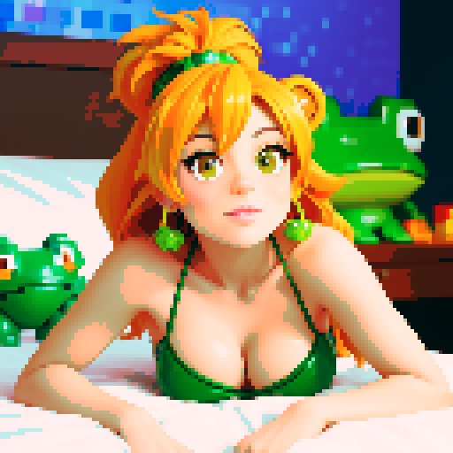 A sexy hot body woman laying on top of a bed next to a cute frog with a frog head and a lion body, framed in a pixel art style with a cinematic goddess body shot and an anime lush John 8k woods backdrop, creating frog themed patreon content, all captured with a sRGB color profile at f/8