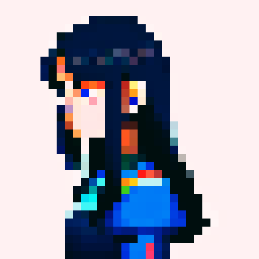 young woman, straight gaze, dark shoulder-length hair, blue colors, pixel art, sRGB