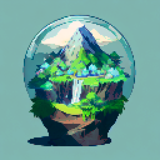 A circular glass dome containing a serene landscape.
At the center, a tall, majestic mountain with jagged peaks stands against a pastel sky.
In front of the mountain, a cascading waterfall flows into a calm river surrounded by lush green trees.
The foreground features various green plants, bushes