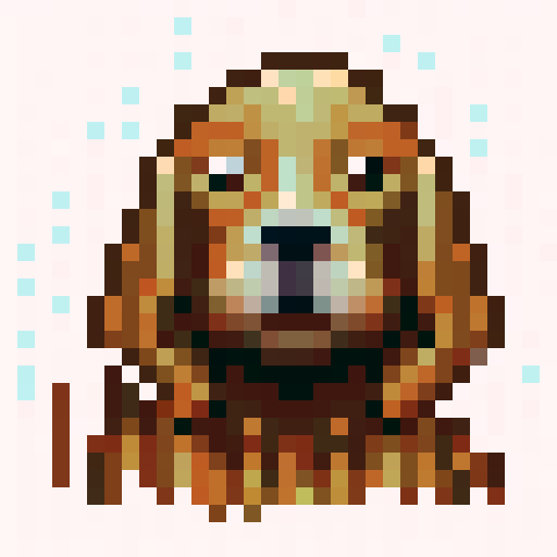 chocolate american cocker spaniel sitting, playful expression on its face, docked tail, shiny fur, expressive eyes, wagging tail, ears slightly lifted, game icon, 32x32 pixel art, sRGB, skill art, close up, portrait