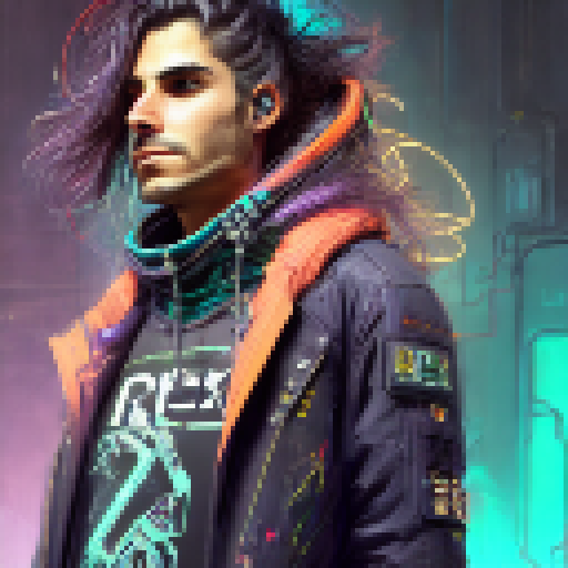Long-haired, neon-clad netrunner/hacker, with a rebellious smirk, surrounded by floating circuitry and machinery, stands confidently in a bleak, smoky metropolis, his piercing gaze daring the dystopian world to try and contain him, all rendered in a stunningly detailed Fantasy RPG style.