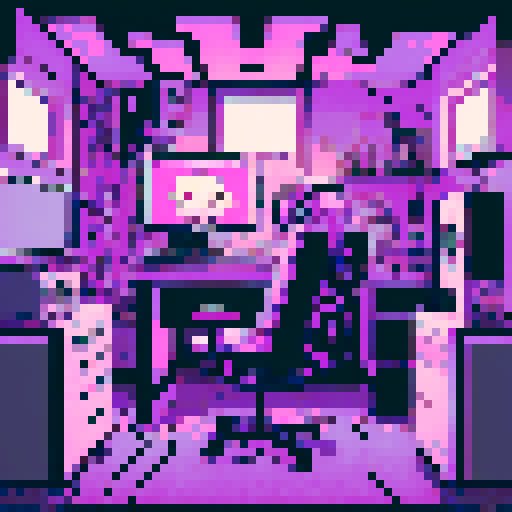 Synthwave retro vibe logo, messy room with tangled wires and retro tech, vibrant purple and pink hues contrasting with black accents, an aloof and chill teen boy sitting on a recliner adorned with retro headphones, a contented cat lounging on his lap, a handmade pixel art creation with love and dedication, all designed in the sRGB color space to maintain the authentic pixel art style