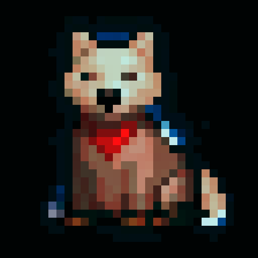 snowdog, white fur, blue eyes, wearing a golden crown, with a red scarf, pixelated art style, game icon, 32x32 pixels, sRGB, close-up portrait