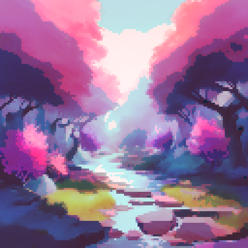 Mystic forest, vibrant purple palette, ethereal mist, towering trees, flowing waterfalls, hidden pathways, enchanting glow, surreal landscape, mesmerizing portrait