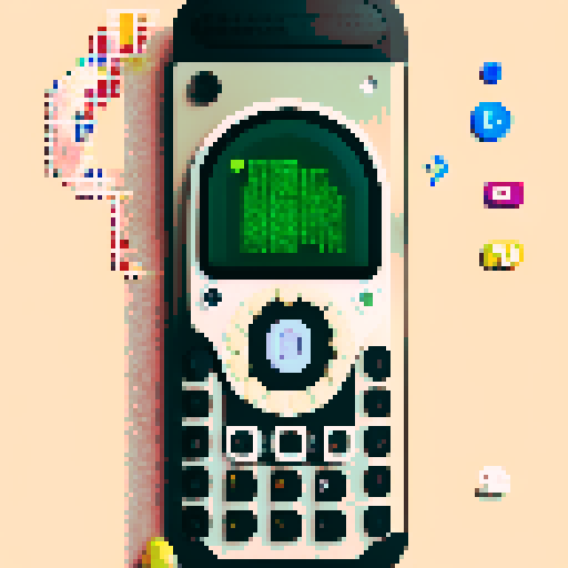 Retro Nokia 3310, with chunky buttons, monochrome screen, and curved edges, surrounded by colorful pixelated icons of text messages, calls, games, and snake