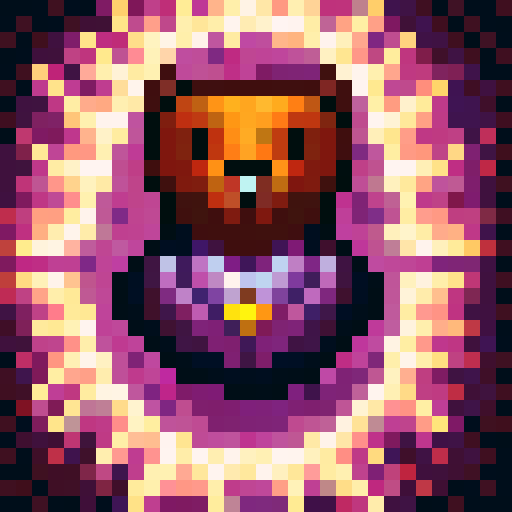 This pixel art image is dominated by a cute bear with an interesting look. Cute stars are painted on his muzzle, which is a mosaic of sharp contrasts and intricate patterns. The whole scene is reminiscent of the retro anime Ergo Proxy. The scene radiates a mysterious night atmosphere, with the bear standing close to the camera as the main character. He is covered with an interesting garment and stars