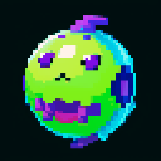 A dangerous slime with a toxic purple hue, emitting a faint glow. It has sharp, sinister eyes and a menacing expression, with toxic bubbles inside. No background.
