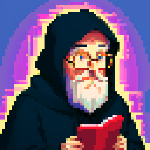 wise old librarian grandpa portrait, hooded figure, long bushy beard, wise eyes full of knowledge, pixelated style, non-vibrant colors