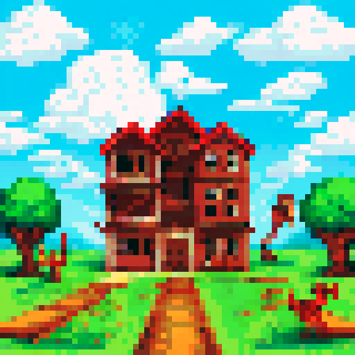 A chaotic scene of construction workers: a man carrying a stack of wood, a woman tangled in a coil of rope, and another worker wrestling with a ladder, all while a mischievous dog runs off with a hammer In the distance, the blueprints lay forgotten on the ground, as the half-built house leans precariously Above them, the words "Building Frenzy" in bold pixel art letters against a sunny, sRGB background