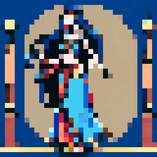 Beautiful cartoon wearing a blue belly dancer outfit and she has long black hair 