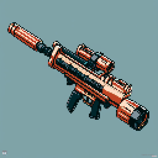 I want to see a simple copper minigun with 8 barrels floating in the center of the frame. It should have strange mechanical details that could interlock with others. I want this object usable an asset in a videogame, meaning only one object per image, outlined with a strong black stroke, on a solid-color background. 