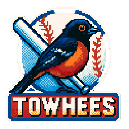 Pixel art of a fictional baseball team called the Towhees. Bold colors, sharp outlines, and soft pixel shading. The logo design mimics 80s MLB logos. Use a vibrant Sega Genesis 16-bit style with selective dithering, geometric forms, and nostalgic retro charm. Avoid modern gradients—keep it pure pixel art.