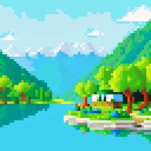 landscape with lake, trees, and mountains