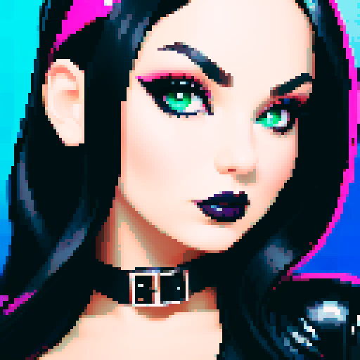 curvy, busty goth girl, face portrait, close up, glamour shot, leather bikini, modern tile backsplash, vivid colors, pixel art, sRGB