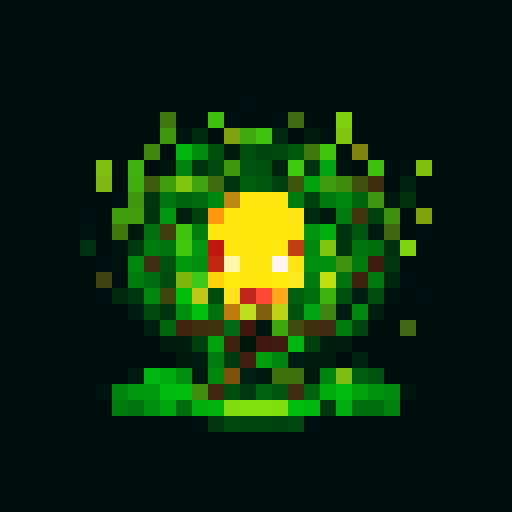 large, powerful, intertwined vines and roots, sharp thorns, glowing yellow eyes, fierce expression, menacing grace, ready to ensnare enemies, pixel art, sRGB