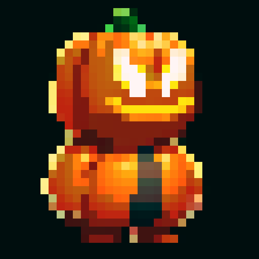 A headless horsemen character. This will be the player character. They have a pumpkin for their head. In some versions it will be without the head and will hold the pumpkin in its hands. But this version the player should have the pumpkin head. Headless horsemen also ride horses but I don't want that for this version. The head should be clearly visible.

The body should be short, with the body being about the same size as the head, maybe smaller, like in Mario games.