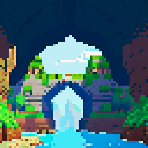 stone bridge, deep chasm, fortress on the left, wider planes on the right, pixel art, sRGB
