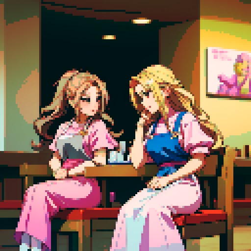 Nail tech with long blonde hair in a pink apron and a girl with brown hair sitting in front of each other at a table in a nail salon. 