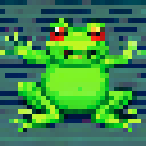 Bright green frog, rendered in pixel art with atransparent background for a badge design. Keep the size within 256x256 pixels.