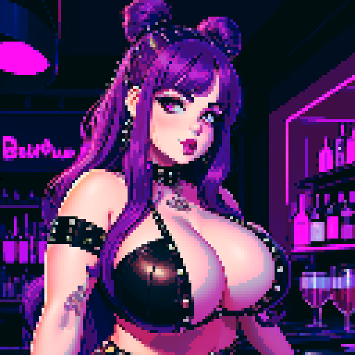 Portrait of Thicc, curvy, busty goth babe with studded collar, long purple hair in buns, fishnet stockings, studded halter top, bartending at nightclub, neon signage. pixel art, sRGB.