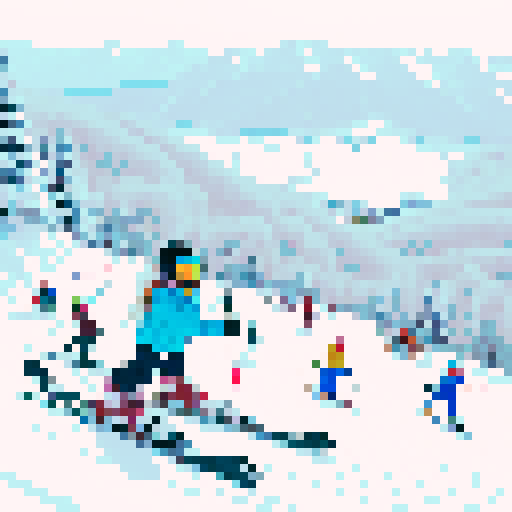 Snow-covered mountains, skiers gliding down slopes, ice skaters twirling on a frozen lake, snowboarders catching air in a halfpipe, snowflakes falling softly, cozy cabins nestled among tall pines, frosty breath in the air, snowshoers trekking through a winter wonderland, snowmobiles racing across a snowy landscape, colorful ski jackets and goggles