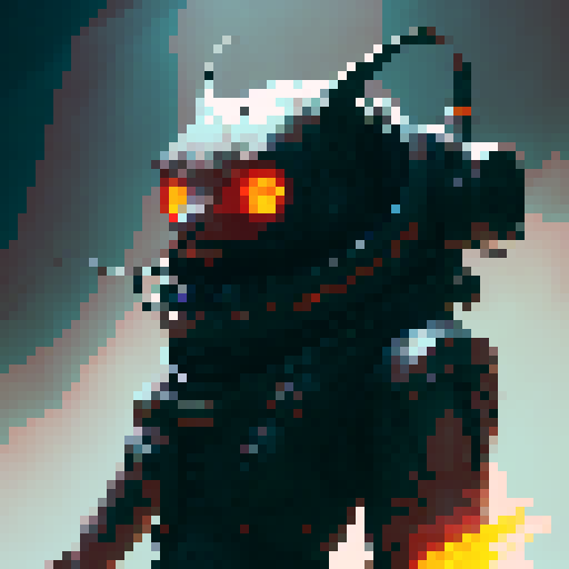 Rusty robot, like a can of tuna, with glowing red eyes and sharp, angular limbs, standing tall in a post-apocalyptic wasteland, surrounded by twisted metal and scraps of machinery.