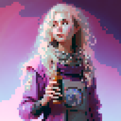 A girl with long blonde wavy hair, wearing a pink apron and holding a nail polish bottle. 