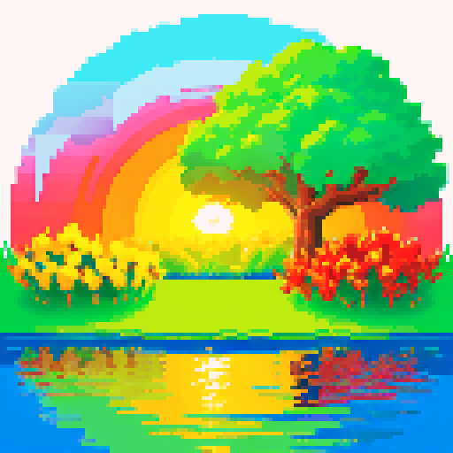 pixel art of a serene landscape of trees and water, and a sunrise with the sun clearly visible in the middle. Bright scene. Foliage and flowers in the forefront. use of simple primary colors of red blue yellow and green. high saturation