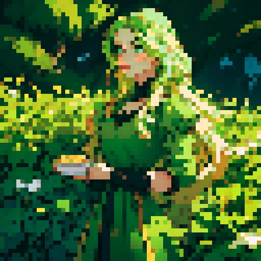 Renaissance era farmer with emerald green eyes, flowing golden hair, and rough hands, encased in shimmering crystalline vines, in a pixel art style with rich sRGB colors