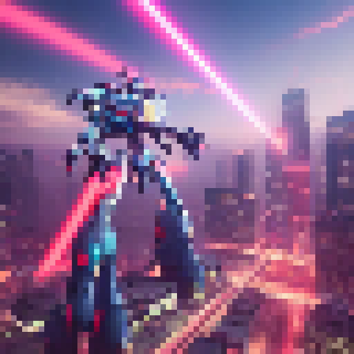 Giant, metallic, and sleek, the mecha strides through a neon-lit city, with sparks flying and exhaust fumes billowing behind it, ready for battle in its anime-style glory.