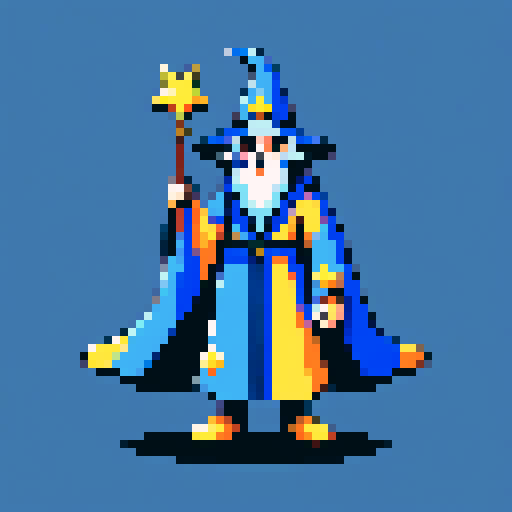Create a pixel art character of a whimsical wizard . The wizard should wear a blue robe covered with yellow stars and a matching pointy hat. He should have a playful grin
