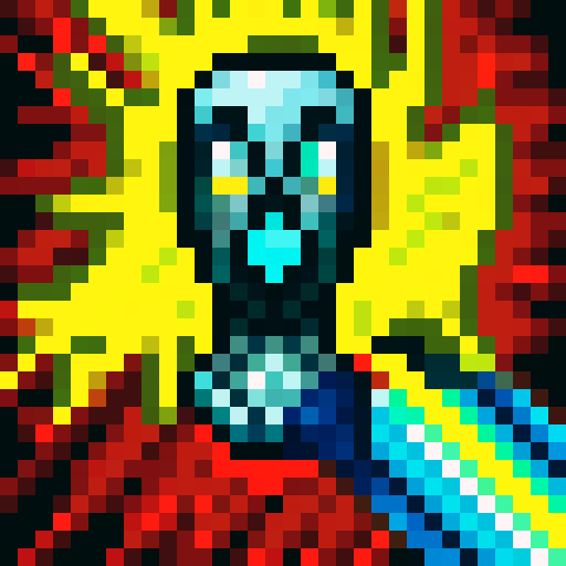 delirious expression, pixelated face, vibrant colors, intense gaze, detailed features, exaggerated emotions, skill symbol, 32x32 pixels, small canvas, sRGB color space, close-up shot, portrait orientation, game icon vibe