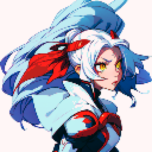 anthropomorphic fox woman reploid, white hair, yellow eyes, red helmet, blue headstone, white tail, clawed feet, sRGB, pixel art