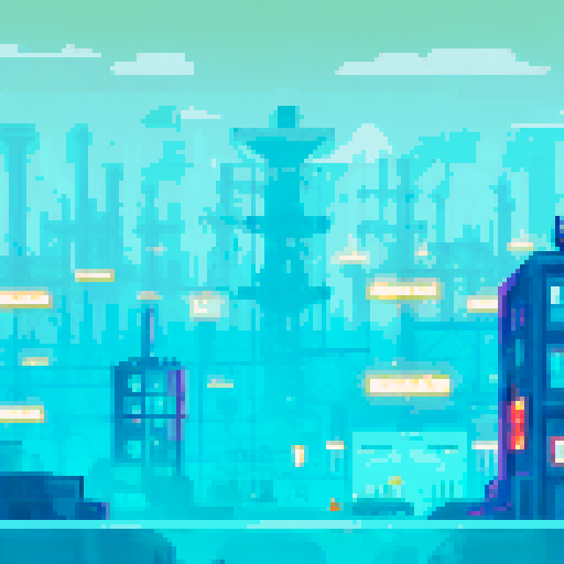 factory with mechanical arms, sparks flying, gears turning, steam rising, vibrant colors, retro-futuristic, towering stacks of crates, robotic assembly lines, precision movements, futuristic cityscape, neon signs, glowing buttons, metallic textures, pulsating energy, glowing circuitry, pixelated landscapes