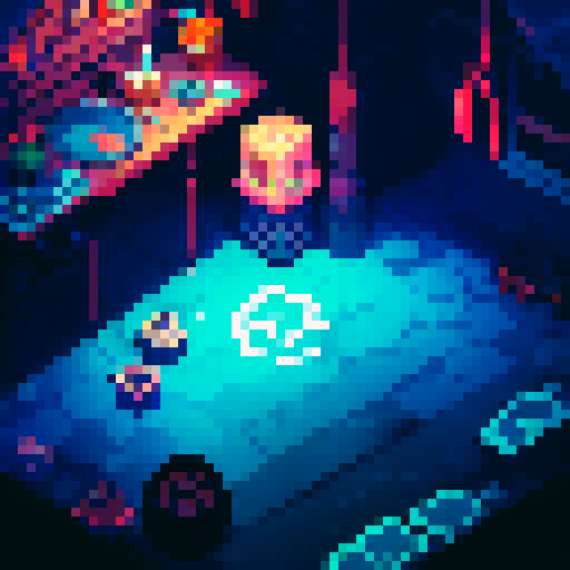 dj booth, crowded foreground, platform along bottom, dark dramatic lighting, club lighting, sRGB, pixel art, background landscape