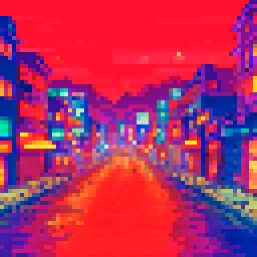 Kyoto at night, vibrant neon lights, glowing lanterns, traditional Japanese architecture, cherry blossom trees, softly lit streets, shimmering reflections on water, bustling cityscape, pixelated buildings, serene moonlit backdrop, sRGB color palette, detailed pixel art, immersive background, picturesque landscape