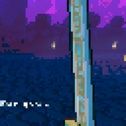 First-person view of a modern, pixel-style sword slicing through a vibrant, pixelated forest with a gleaming, metallic blade reflecting the vibrant, neon colors of the surrounding environment