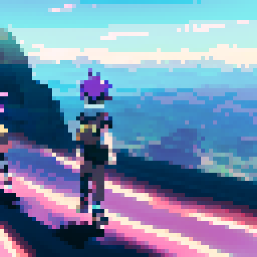 Backs turned, 8 adventurers gather courage at an abandoned mine entrance, the sunset casting a dramatic glow highlighting their colorful anime-style outfits.