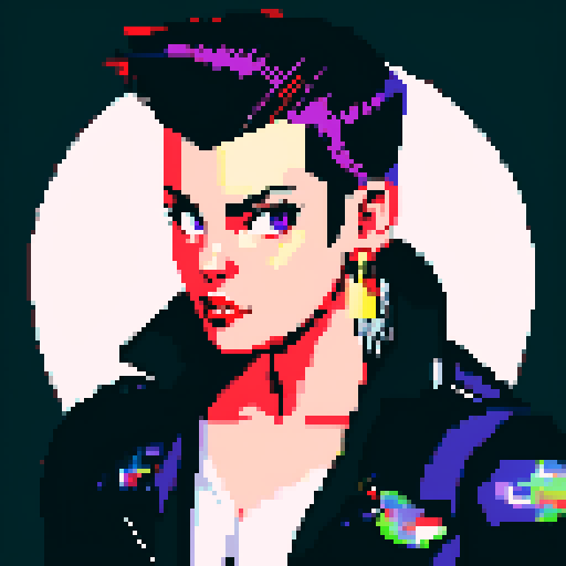 Thicc, busty goth girl, long purple hair, eyeliner, red lipstick, nude breast, studded collar, up close face portrait, vibrant sega genesis palette, nude pixel art portrait,