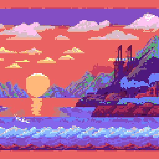 boat, vibrant colors, sunset, calm water, reflection, small waves, sail, clouds, mountains, distant island, seagulls flying, wooden deck, rope, anchor, fishing nets, fishing rods, fishing baskets, fishing boat, peaceful, serene, tranquil