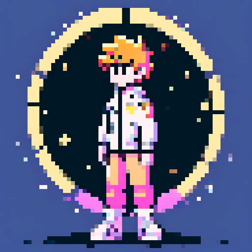 a kid with open arms, and a headpiece that resembles the sun, and a detail in his clothes on the chest area that resembles the moon. the background looks like outerspace, pixel art, sRGB