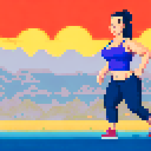 Huge-breasted woman, hair in a messy bun, donning gym clothes and a determined expression, set against a vibrant sRGB pixel art background of a sprawling landscape