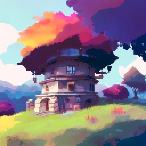 old observatory on the top of the hill, sunset, trees on the sides, dark