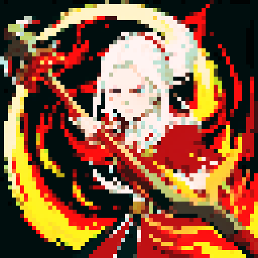 White haired Edelgard in fierce battle pose, wielding flaming axe, surrounded by swirling red and black flames, detailed pixel art, vibrant and colorful, sRGB palette