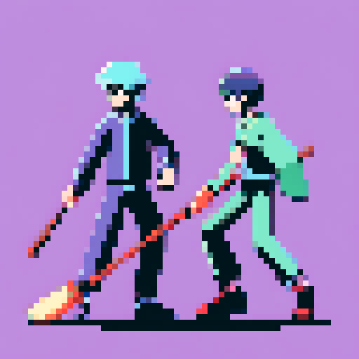 Two characters fighting each other with a broom stick