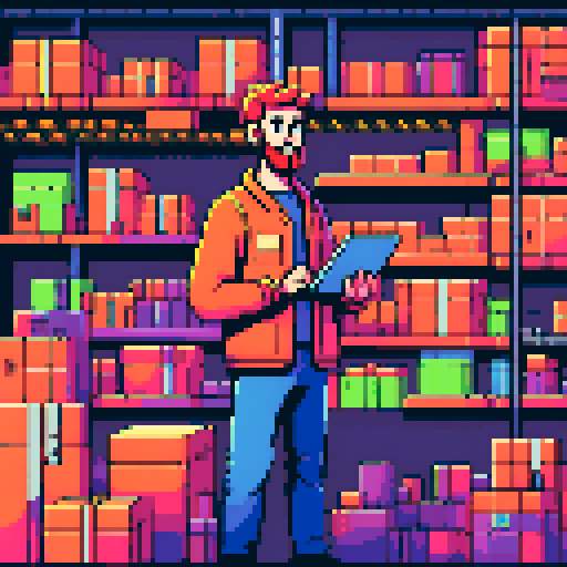 young, bearded male warehouse worker, Amazon Germany, pixel art, sRGB, busy picking and organizing packages, vibrant colors, retro aesthetic, stacks of boxes, conveyor belts, barcode scanners, robotic arms, high-tech machinery, bustling atmosphere, pixelated Amazon logo, fluorescent lighting, dynamic movement, pixelated barcode labels